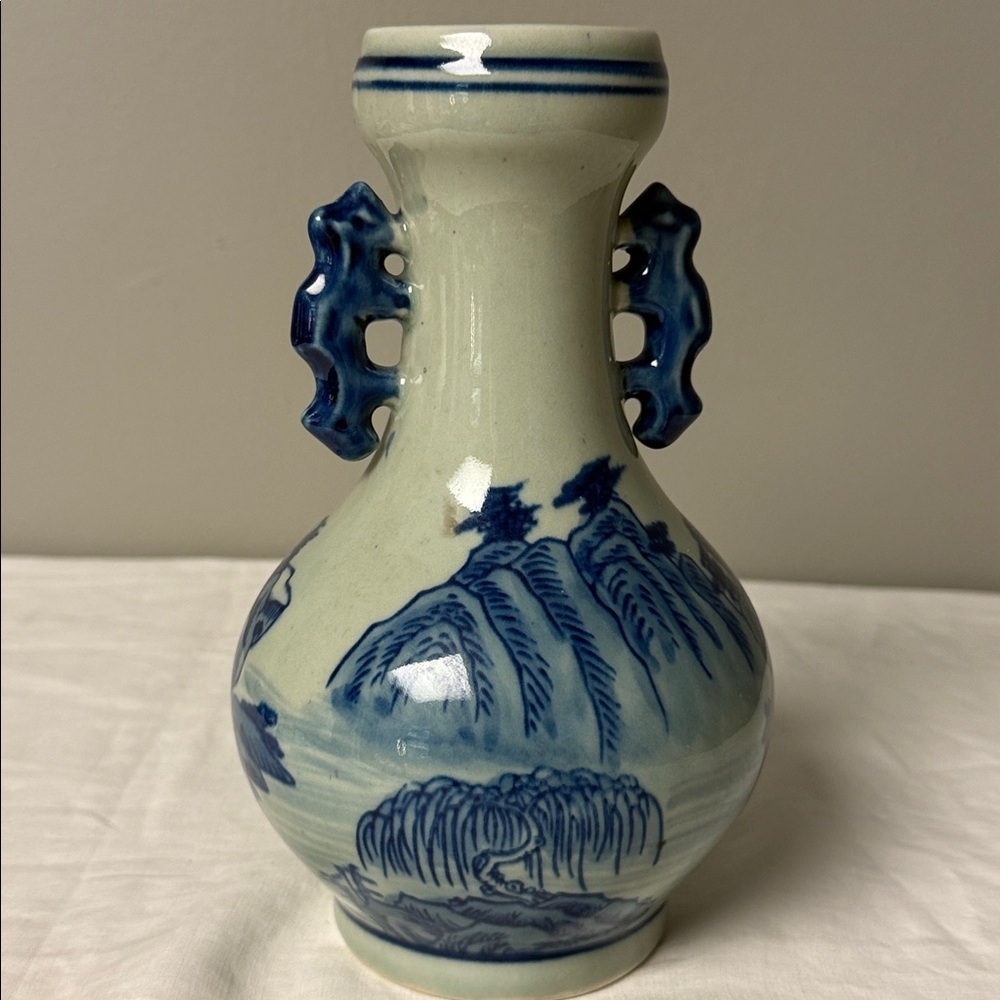 Blue & White Ceramic Landscape Vase Decorative Handles 8.25in - Picture 3 of 7